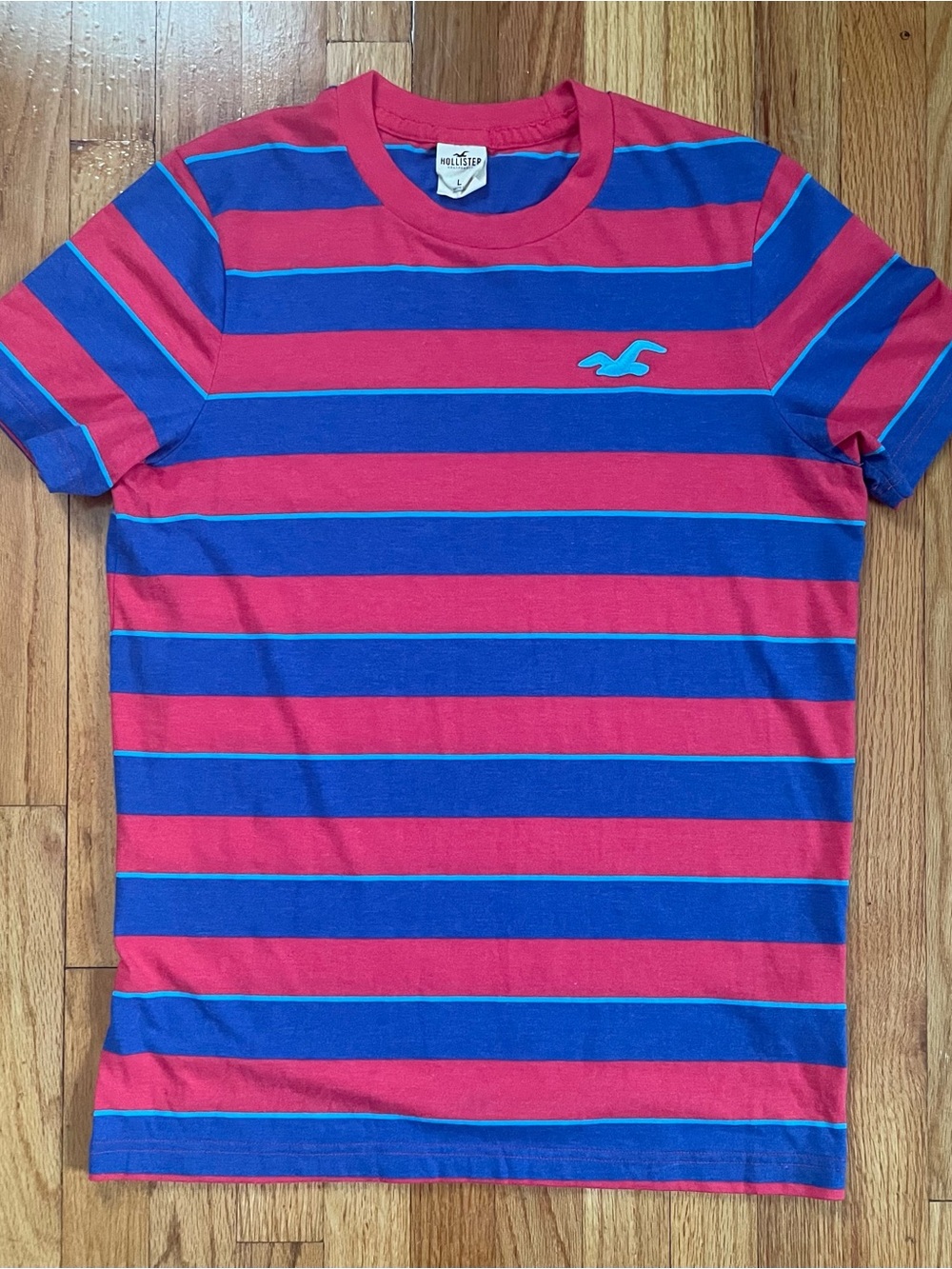 Hollister Short Sleeve Magenta-ish and Blue Striped Crew T-Shirt Men’s L
